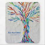 Rainbow Tree Yoga Instructor Mouse Mat<br><div class="desc">This decorative mouse pad  features a print of a rainbow coloured tree on a pale grey background. 
I made the original design in mosaic using many tiny fragments of brightly coloured glass. 
You can personalise this mouse pad by adding  your name and occupation.
Original Mosaic © Michele Davies.</div>