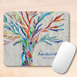 Rainbow Tree Yoga Instructor Mouse Pad<br><div class="desc">Rainbow Tree Yoga Instructor Mouse Pad. This decorative mouse pad features a print of a rainbow coloured tree on a pale grey background. The original design was made in mosaic using many tiny fragments of brightly coloured glass. You can personalise this mouse pad by adding your name and occupation. Original...</div>