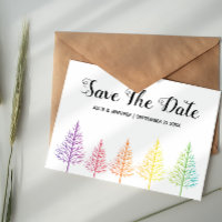 Rainbow trees and confetti lesbian Save the Date