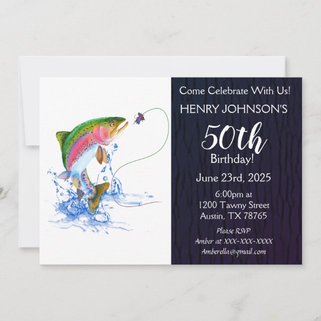 Rainbow Trout Fishing Themed 50th Birthday Invitation (Front)