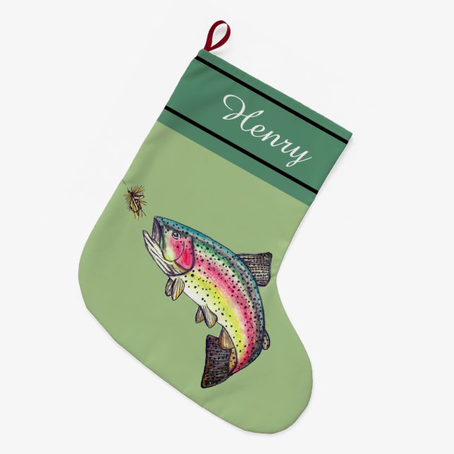 Rainbow Trout Fly Fishing Large Christmas Stocking (Front (Hanging))