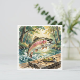 Rainbow trout jumping in forest stream watercolor