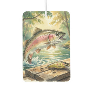 Rainbow trout jumping in forest stream watercolor car air freshener