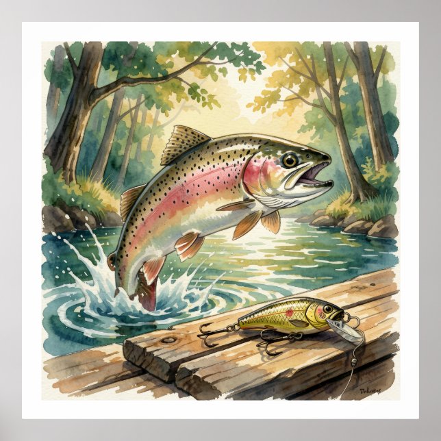 Rainbow trout jumping in forest stream watercolor poster (Front)