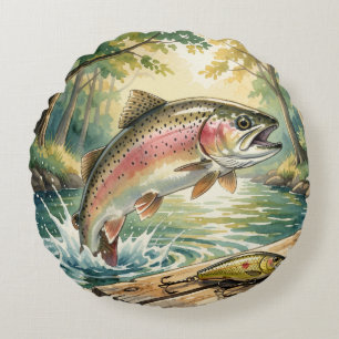 Rainbow trout jumping in forest stream watercolor round cushion