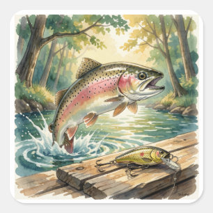 Rainbow trout jumping in forest stream watercolor square sticker