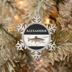 Rainbow Trout Rustic Aspen Bark Background, Trout Snowflake Pewter Christmas Ornament