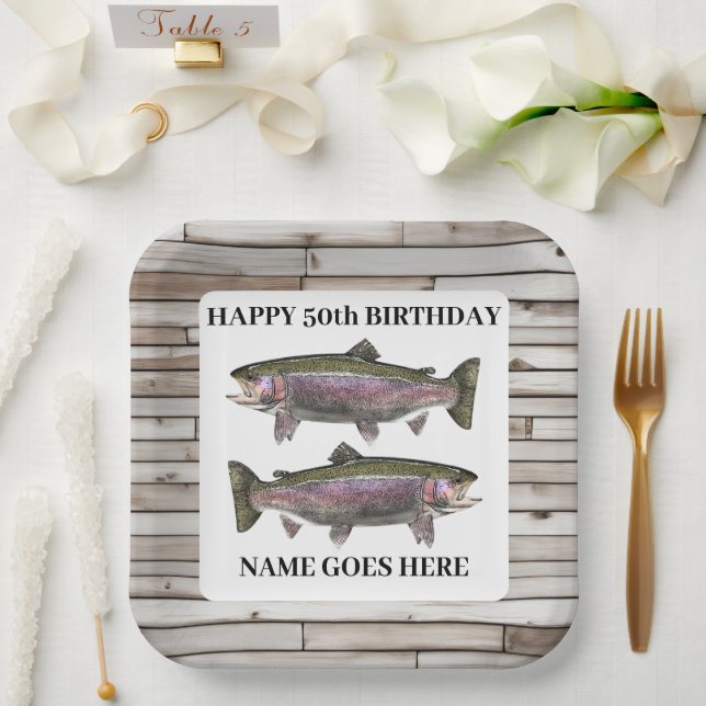 Rainbow Trout Rustic Fishing Outdoors Birthday Paper Plate (Wedding)