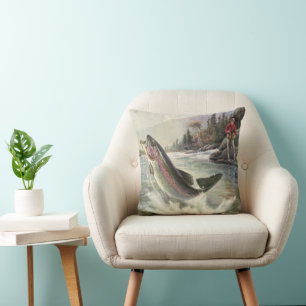 Rainbow Trout, Vintage Fisherman Fishing for Fish Cushion