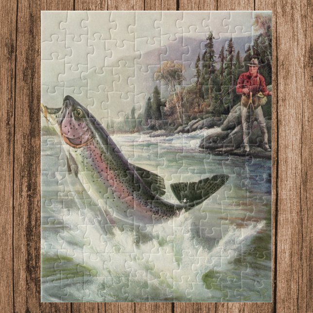 Rainbow Trout, Vintage Fisherman Fishing for Fish Jigsaw Puzzle (Vintage Rainbow Trout Fish, Fisherman Fishing Jigsaw Puzzle)