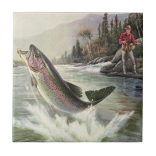 Rainbow Trout, Vintage Fisherman Fishing for Fish Tile