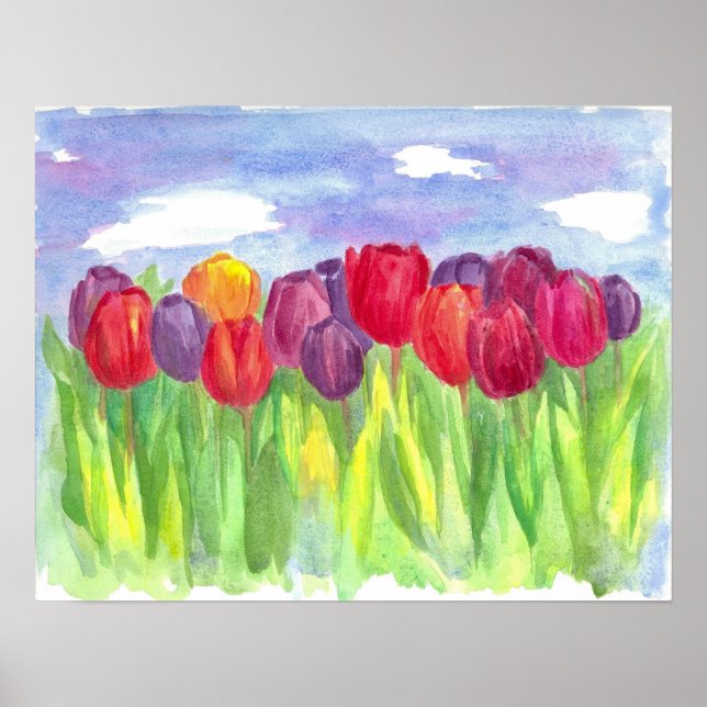 Rainbow Tulip Field Watercolor Painting Poster (Front)
