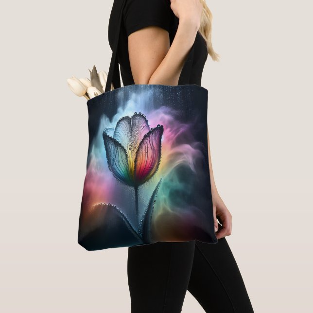 Rainbow Tulip With Raindrops Tote Bag (Close Up)