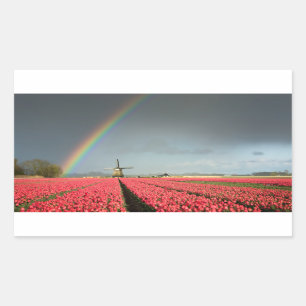 Rainbow, tulips and windmill rectangular sticker