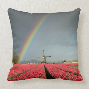 Rainbow, tulips and windmill throw pillow