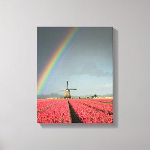 Rainbow, tulips and windmill vertical canvas print