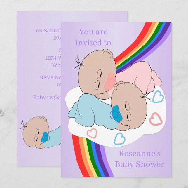 Rainbow Twin Baby Girl And Boy Baby Shower Invitation (Front/Back)