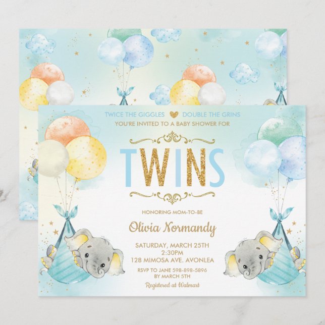 Rainbow Twin Boys Elephant Baby Shower Sprinkle Invitation (Front/Back)