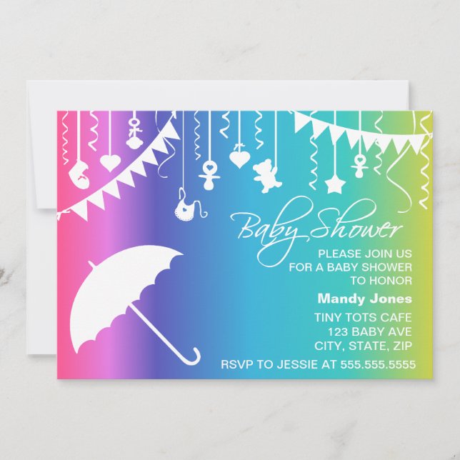 Rainbow umbrella modern baby shower invitations (Front)
