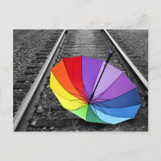 Rainbow Umbrella On Train Tracks Postcard