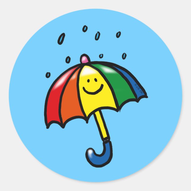 Rainbow umbrella & rain drops classic round sticker (Front)
