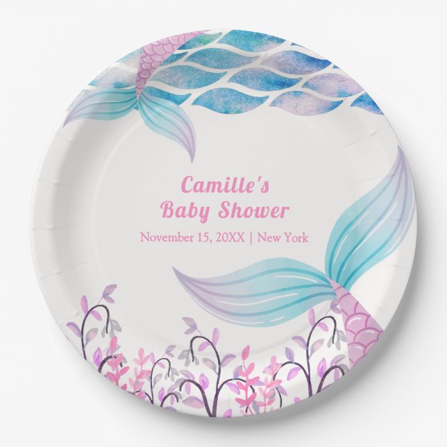 Rainbow Under Sea Mermaid Tail Baby Shower Paper Plate (Front)