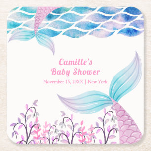 Rainbow Under Sea Mermaid Tail Baby Shower Square Paper Coaster