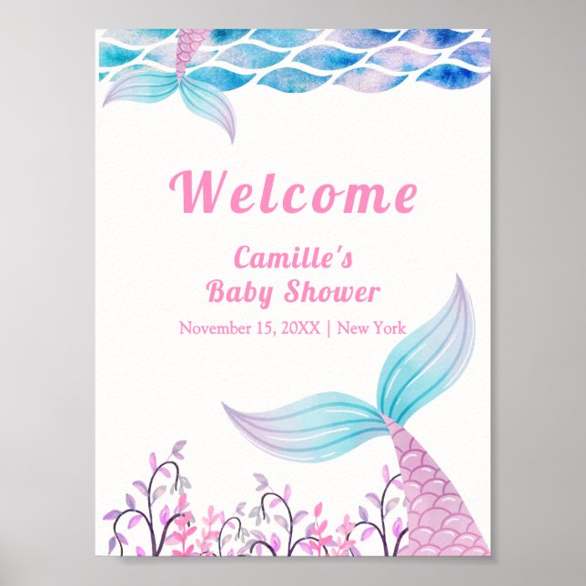 Rainbow Under Sea Mermaid Tail Baby Shower Welcome Poster (Front)