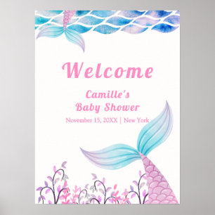 Rainbow Under Sea Mermaid Tail Baby Shower Welcome Poster