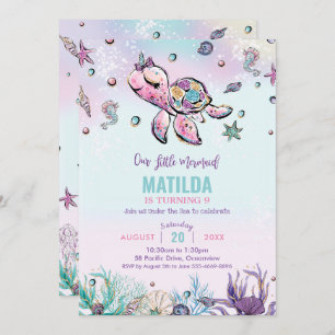 Rainbow Under the Sea Turtle Coral Birthday Party Invitation