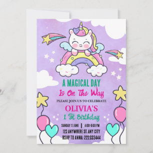 Rainbow Unicorn 1 st Birthday Party Girl Invitation