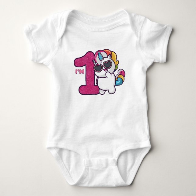 Rainbow Unicorn 1st Birthday Baby Bodysuit (Front)