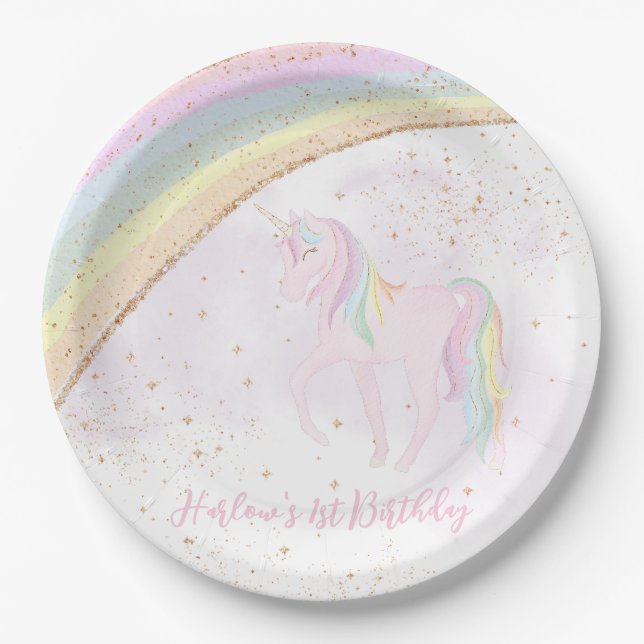 Rainbow Unicorn 1st Birthday Girls Pastel Paper Plate (Front)