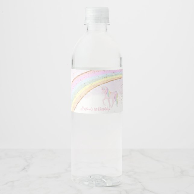 Rainbow Unicorn 1st Birthday Girls Pastel Water Bottle Label (Front)