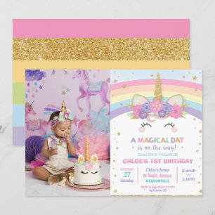 Rainbow Unicorn 1st Birthday Party Girl with Photo Invitation