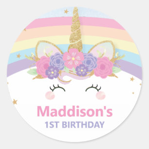 Rainbow Unicorn 1st Birthday Thank You Favour Classic Round Sticker