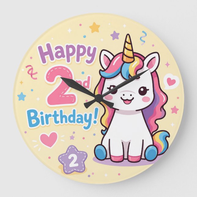 Rainbow Unicorn 2nd Birthday Celebration Large Clock (Front)