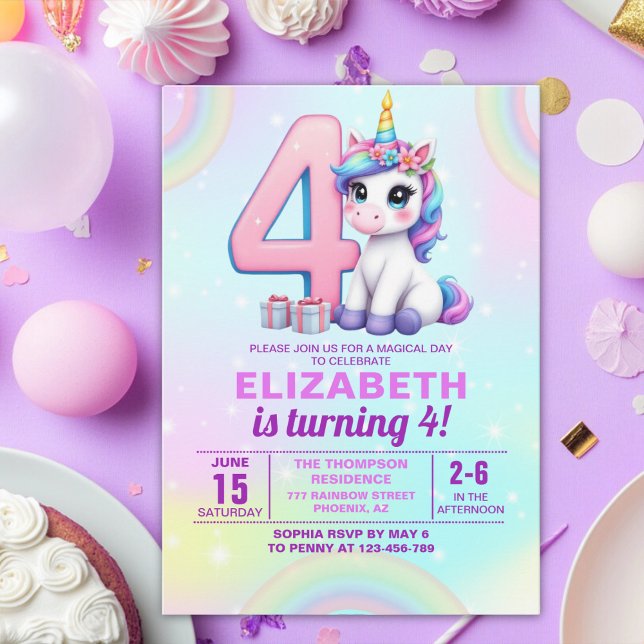 Rainbow Unicorn 4th Birthday for Girls” Invitation (Creator Uploaded)