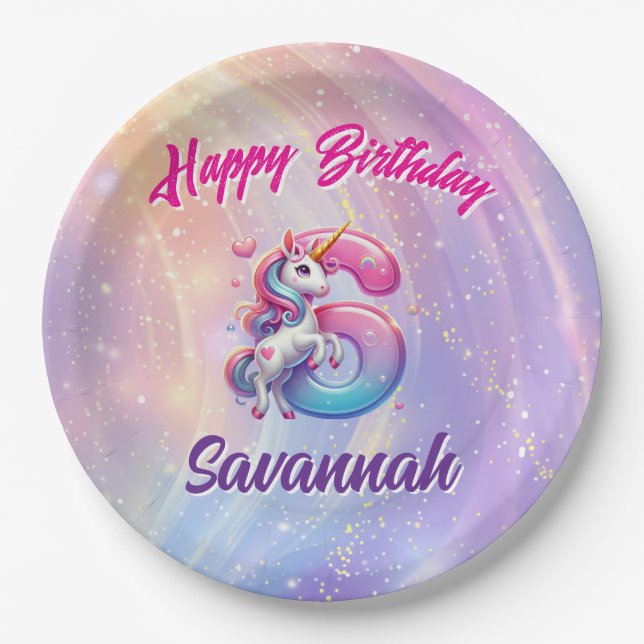 Rainbow Unicorn 6th Birthday Celebration  Paper Plate (Front)