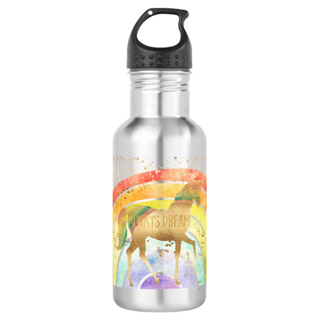 Rainbow Unicorn always dream with gold confetti 532 Ml Water Bottle (Front)