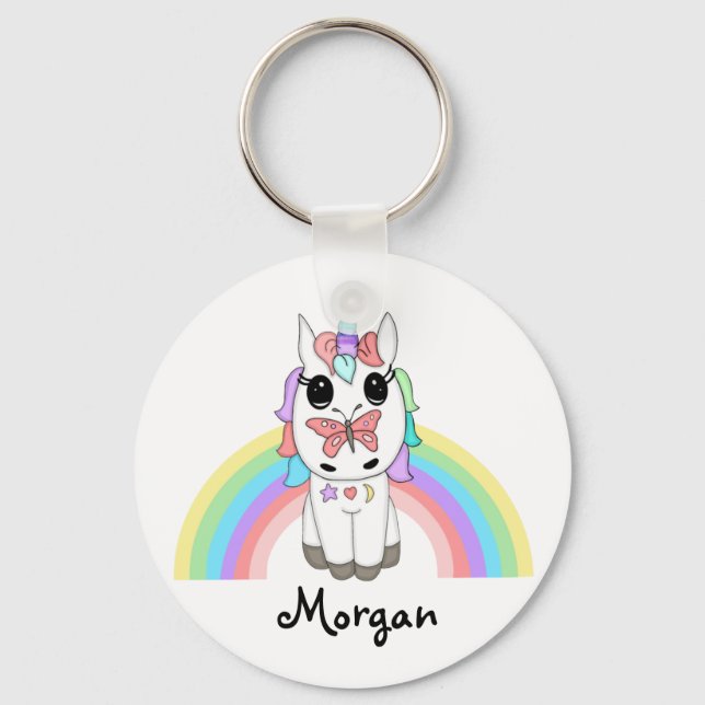 Rainbow Unicorn and Butterfly Personalised Key Ring (Front)