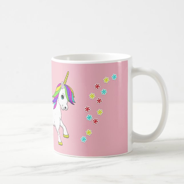 Rainbow Unicorn and flowers Pink Mug (Right)