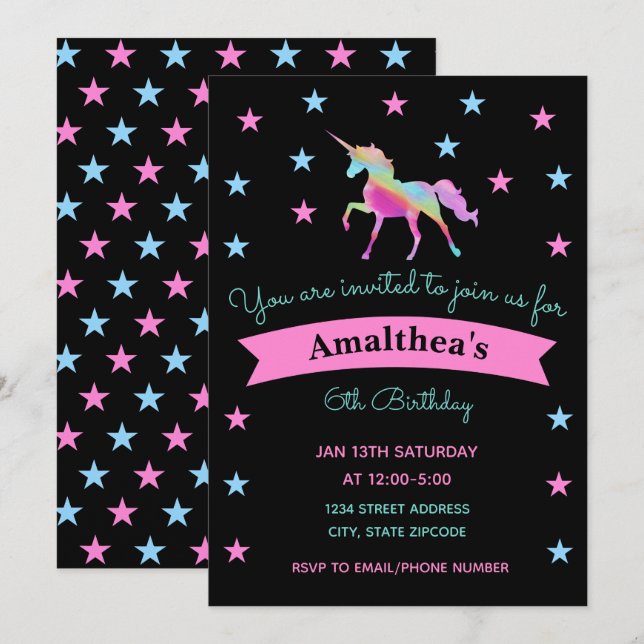 Rainbow Unicorn And Stars Birthday Invitation (Front/Back)