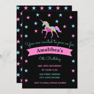 Rainbow Unicorn And Stars Birthday Invitation