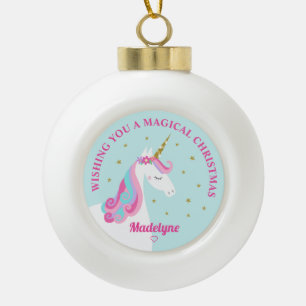 Rainbow Unicorn Aqua Personalised Christmas Ceramic Ball Christmas Ornament