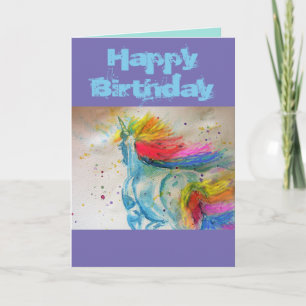 Rainbow Unicorn art Watercolor Whimsical Card