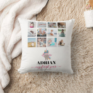 Rainbow Unicorn Baby Girl First Year Photo Collage Cushion