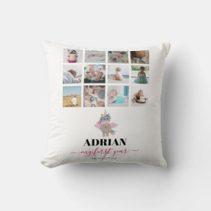Rainbow Unicorn Baby Girl First Year Photo Collage Cushion
