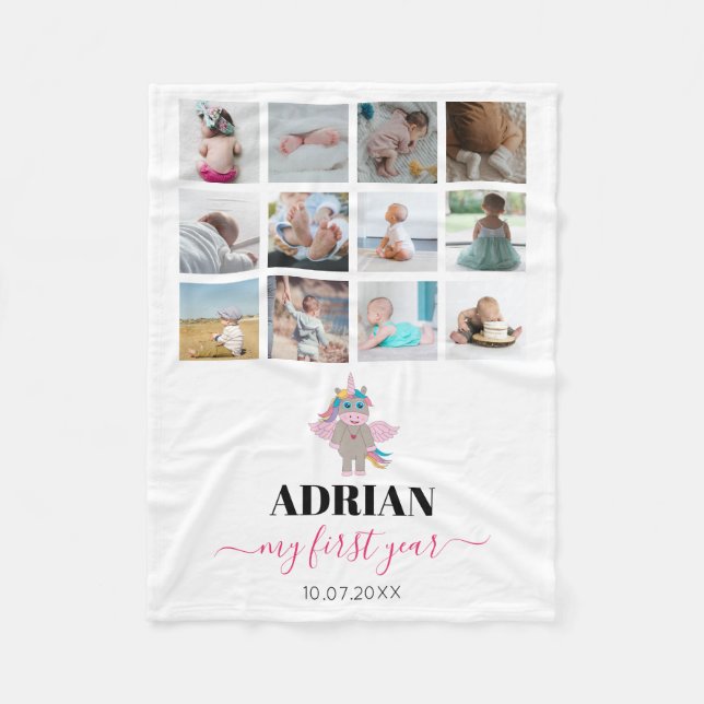 Rainbow Unicorn Baby Girl First Year Photo Collage Fleece Blanket (Front)