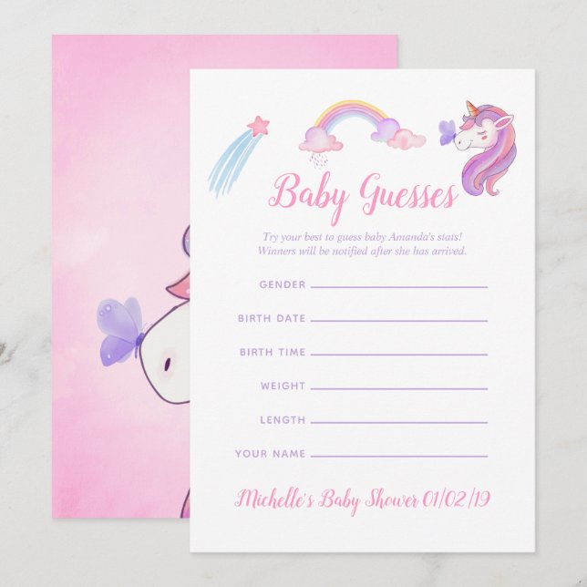 Rainbow Unicorn Baby Girl Shower Baby Guesses Invitation (Front/Back)